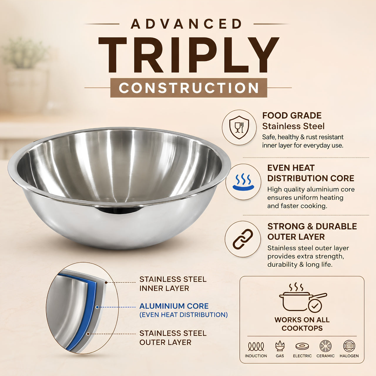 KEERTI Tri-Ply Stainless Steel Tasla (Multiple Sizes)