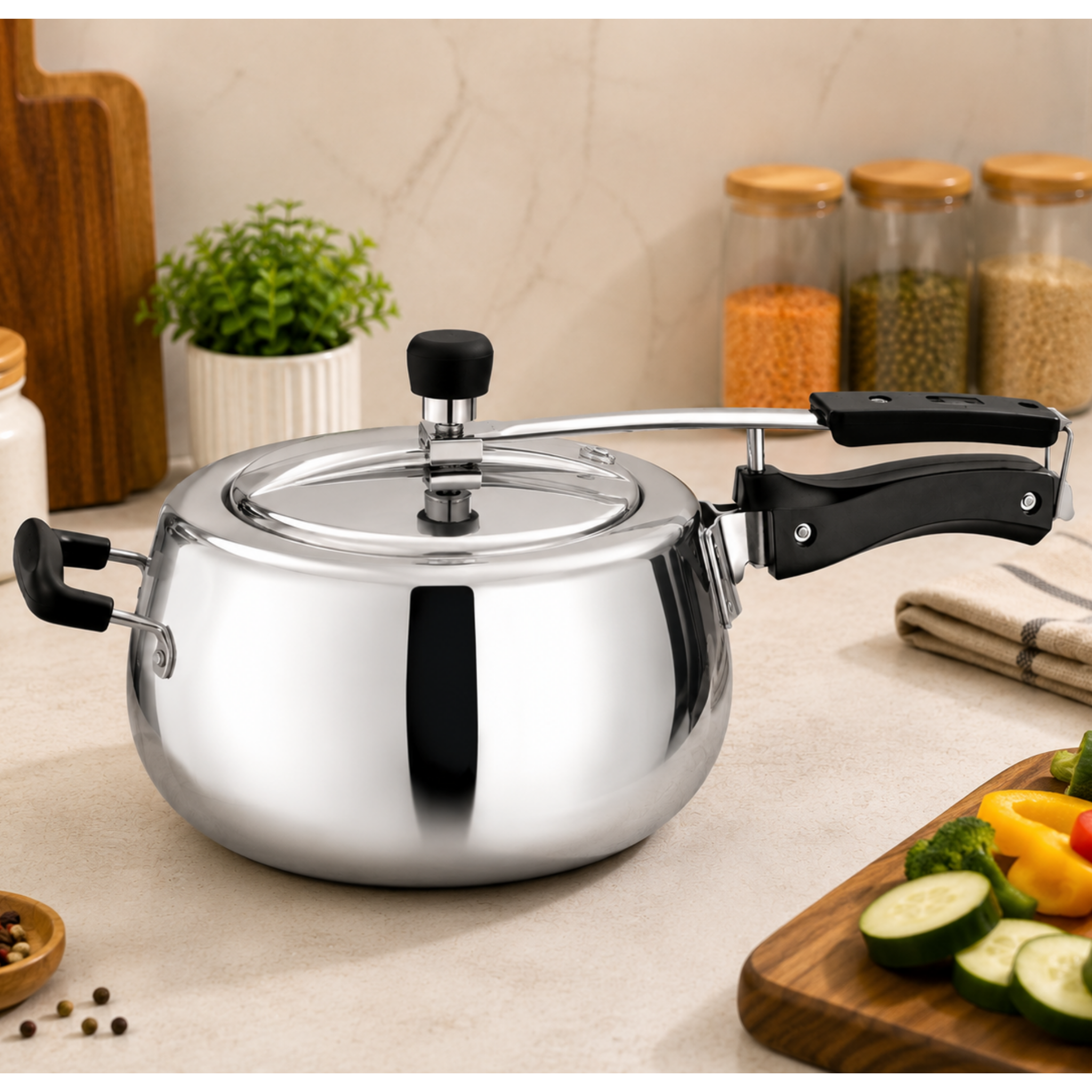 "KEERTI Tri-Ply Stainless Steel Curve Pressure Cooker