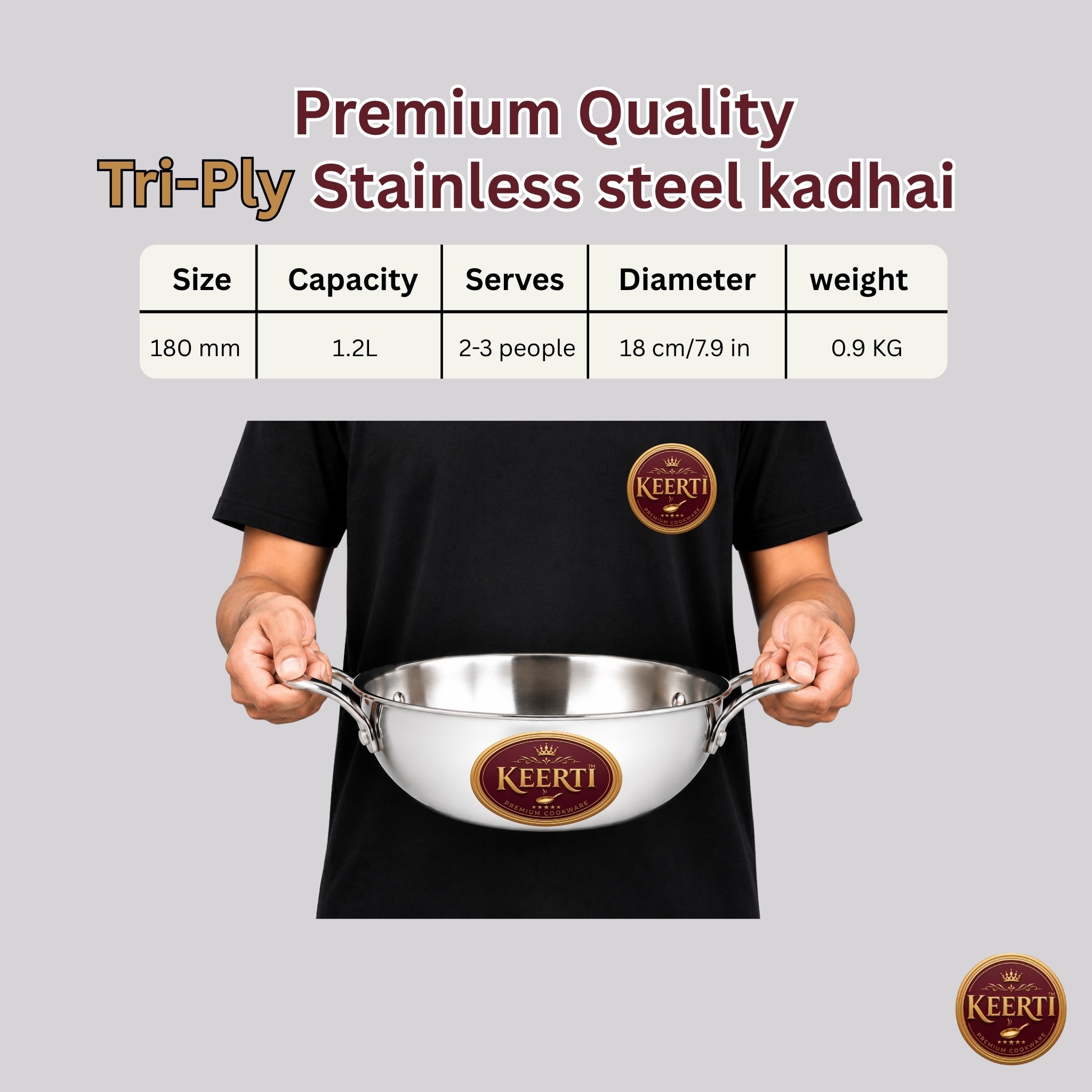 KEERTI Tri-ply Stainless Steel Kadai-180 MM